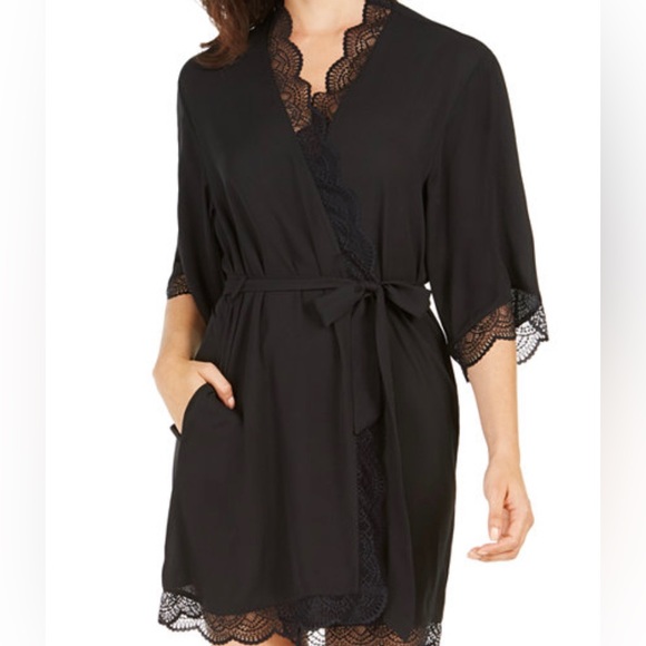 INC International Concepts Black Lace Trim Short Robe - NWOT - Picture 2 of 5